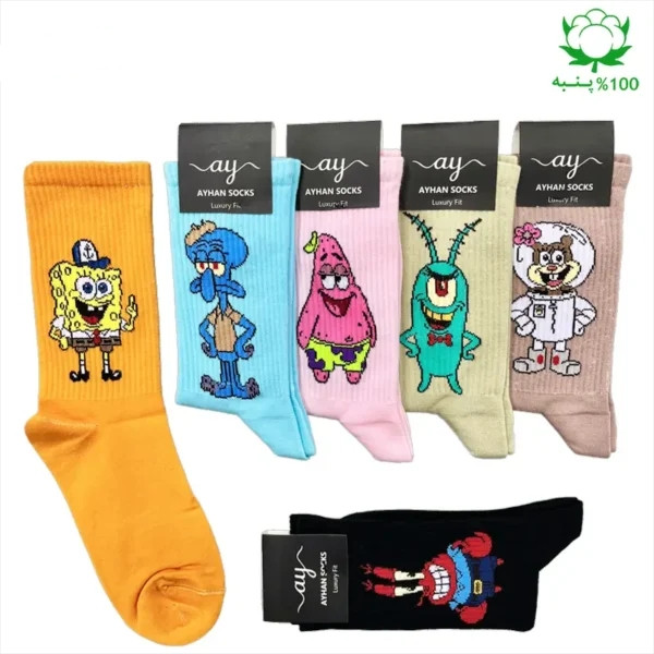 جوراب فانتزی ساقدار اسپرت (۶ جفتی) فری سایز ۳۶ تا ۴۳ طرح باب اسفنجی SpongeBob