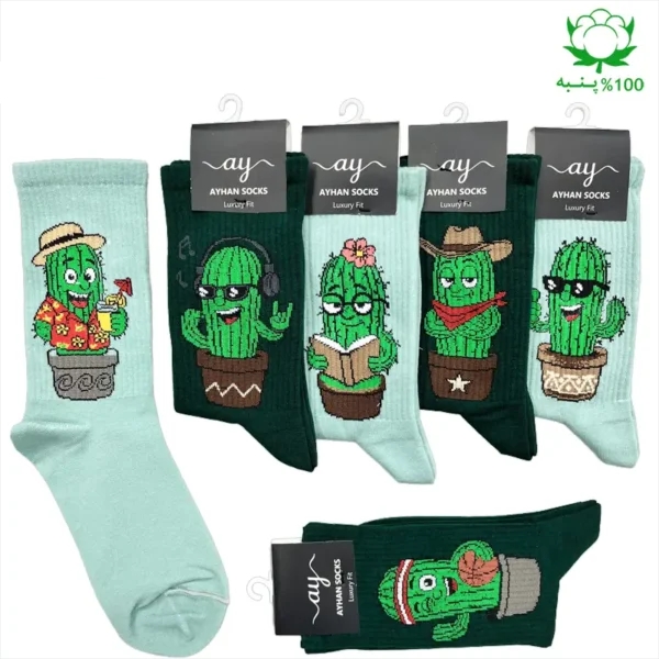 جوراب فانتزی ساقدار اسپرت (۶ جفتی) فری سایز ۳۶ تا ۴۳ طرح کاکتوس Cactus