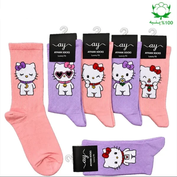 جوراب فانتزی ساقدار اسپرت (۶ جفتی) فری سایز ۳۶ تا ۴۳ طرح کیتی Kitty
