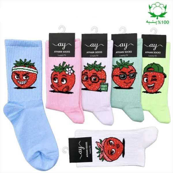 جوراب فانتزی ساقدار اسپرت (۶ جفتی) فری سایز ۳۶ تا ۴۳ طرح توت فرنگی Strawberries