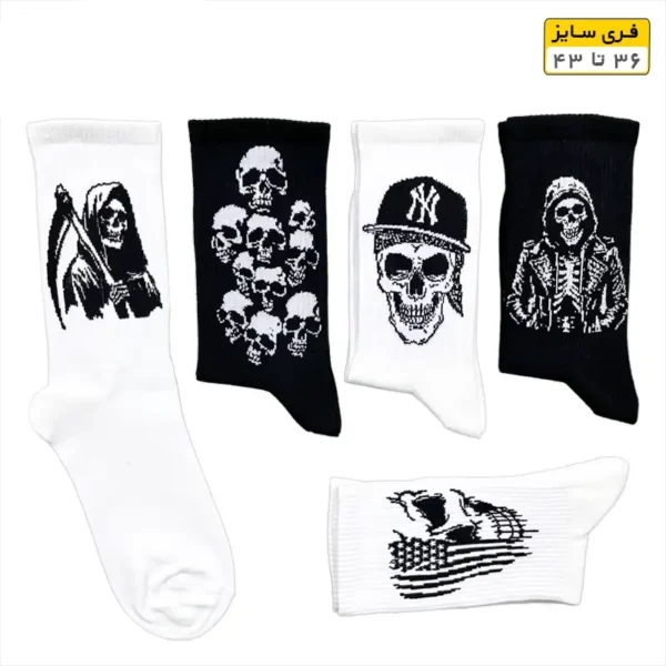 جوراب فانتزی ساقدار اسپرت (۵ جفتی) فری سایز ۳۶ تا ۴۳ طرح SKULL