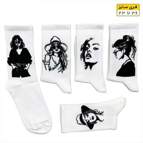 جوراب فانتزی ساقدار اسپرت (۵ جفتی) فری سایز ۳۶ تا ۴۳ طرح LADY WHITE